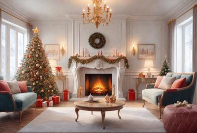 The primary subject of the image is a beautifully decorated living room with a fireplace. The room features a Christmas tree, a couch, a chair, and a dining table. The setting is a cozy and festive atmosphere, likely during the holiday season. The visual style of the image is a photo, capturing the warmth and charm of the living room. The colors and mood of the scene are predominantly white, with the Christmas tree adding a touch of color and festivity.